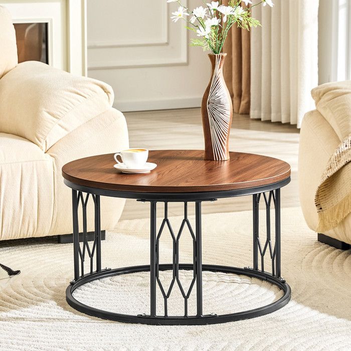 Table basse ronde - plateau aspect bois et géométrique cadre en métalTable de salon modernetable dappoint ronde robuste70x405cm