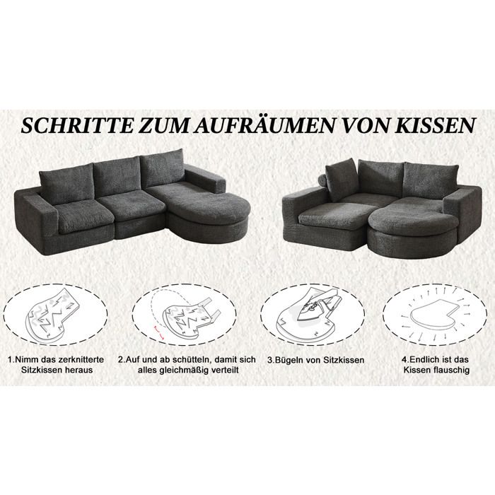 WOVREO canapé d’angle modulaire 3 places en chenille grise avec méridienne réversible sans montage 251 x 160 x 81 cm