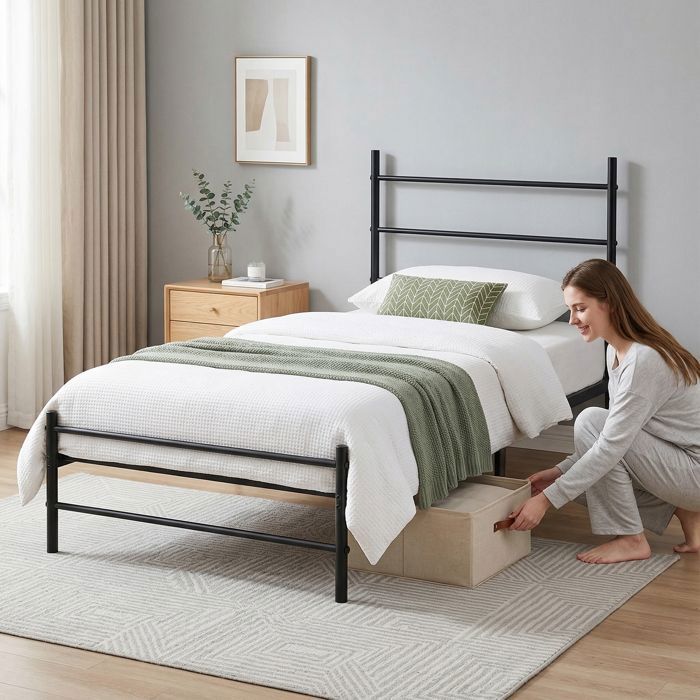 Cadre de Lit 90x190x26cmavec Sommier Métal Lit 1 Personne en Métal Montage Facile pour Chambre d’Amis Chambre Ado Noir