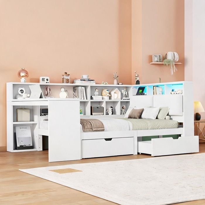 Sommier plateforme dangle 140x200 cm avec bureau et bibliothèque structure bois ton blanc tête de lit rembourrée et LED