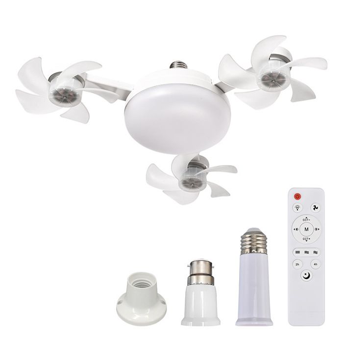 LED Ventilateur Plafond avec Lumiere 3 Fan têtes Lampe Ventilateur Plafonnier et Télécommande Avec socle 2 tiges dextension Blanc