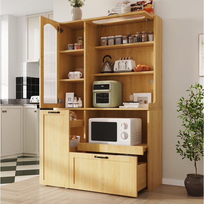 Buffet de Cuisine 2 Portes Tiroir Étagères Réglables et Tablette Coulissante - BEAUNIV - MDF Naturel 98×40×177 cm