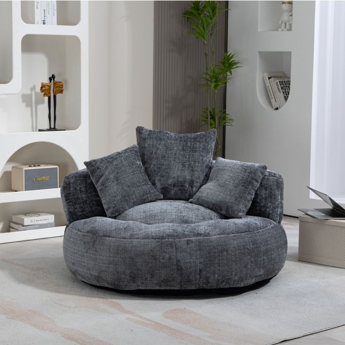 Fauteuil 1 Place - Dossier Haut Accoudoirs et 3 Coussins - sans Installation - Chenille Grise - 108 × 108 × 52 cm