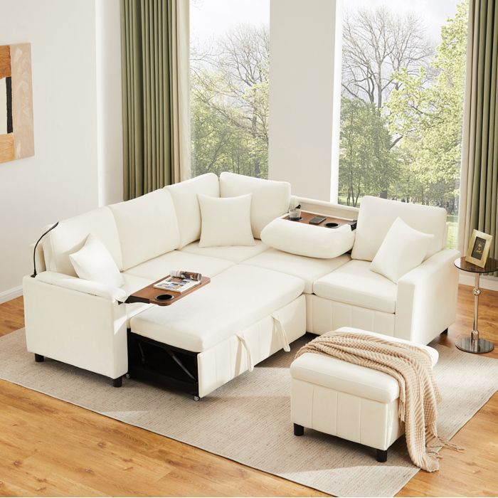 Canapé dangle convertible 4 places - avec pouf coffre USB et lampe - en chenille beige - 205 × 205 × 85 cm
