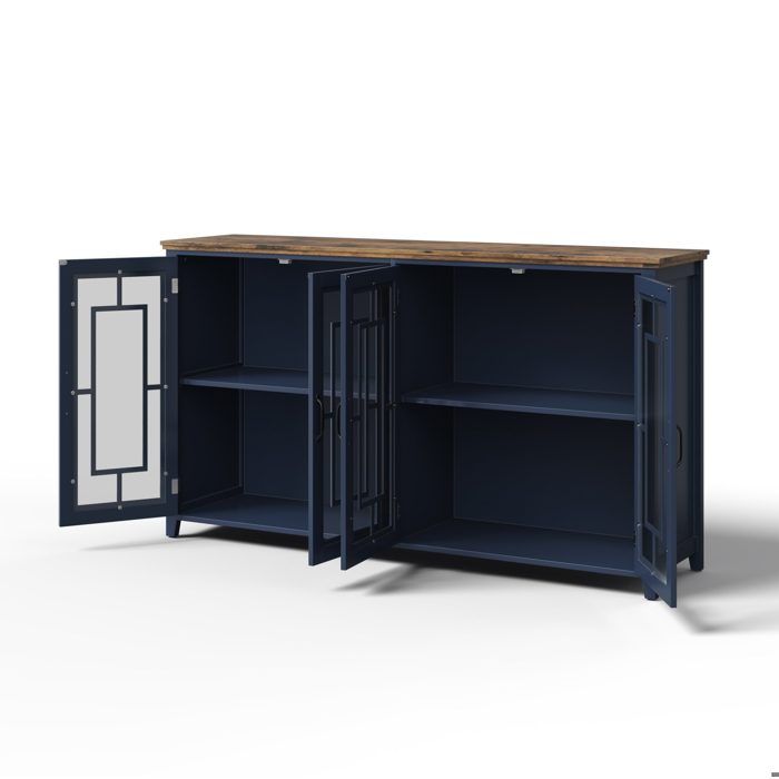 WOVREO buffet de cuisine 160 cm bleu 4 portes vitrees plateau aspect bois MDF
