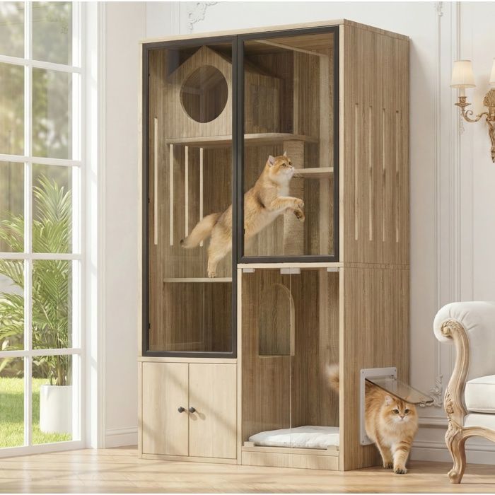 WOVREO Villa pour chat intérieure multiniveaux 90 x 50 x 160 cm portes en verre MDF marron