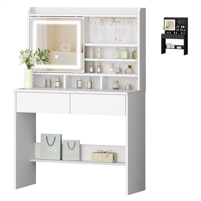 Coiffeuse ALFORDSON avec miroir et éclairage meuble de rangement pour chambre à coucher avec 2 tiroirs et porte-bijoux noir