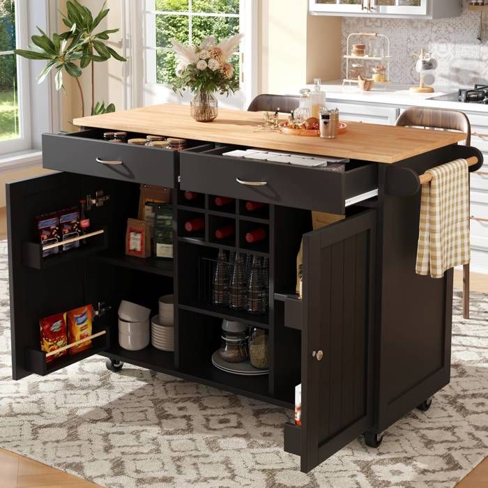 Îlot Central Cuisine Noir sur Roulettes avec Rangement Multifonction Métal et MDF 102x45x92 cm-Norevia
