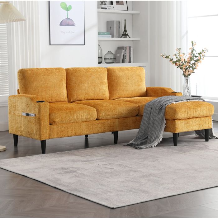 Canapé modulable 4 places avec hocker et coffre de rangement - ELVMI - chenille jaune 196 5 × 75 × 77 cm
