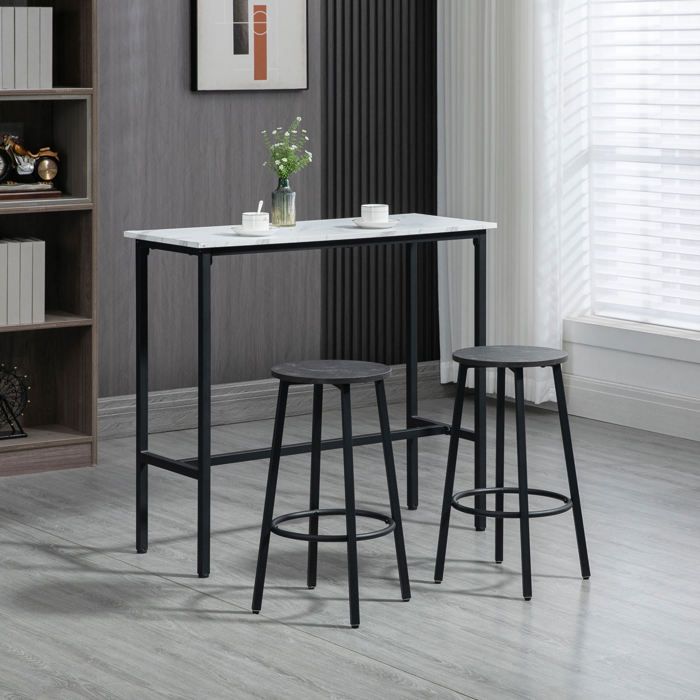 Set table de bar 3 pieces - table haute avec 2 tabourets - effet marbre blanc et acier noir