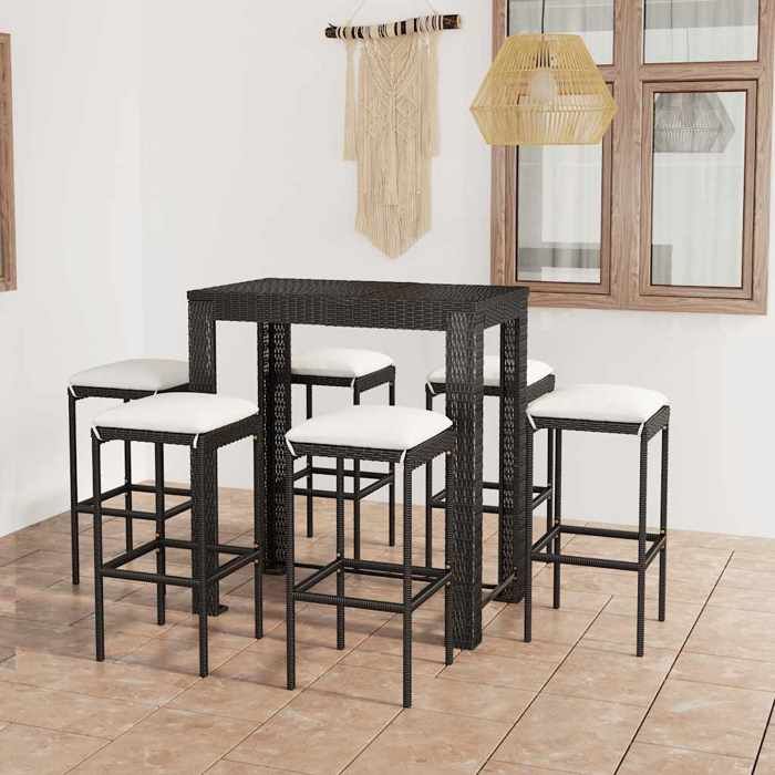Noir Ensemble de bar de jardin 7 pcs et coussins Résine tressée Noir - Meuble de balcon LV50241