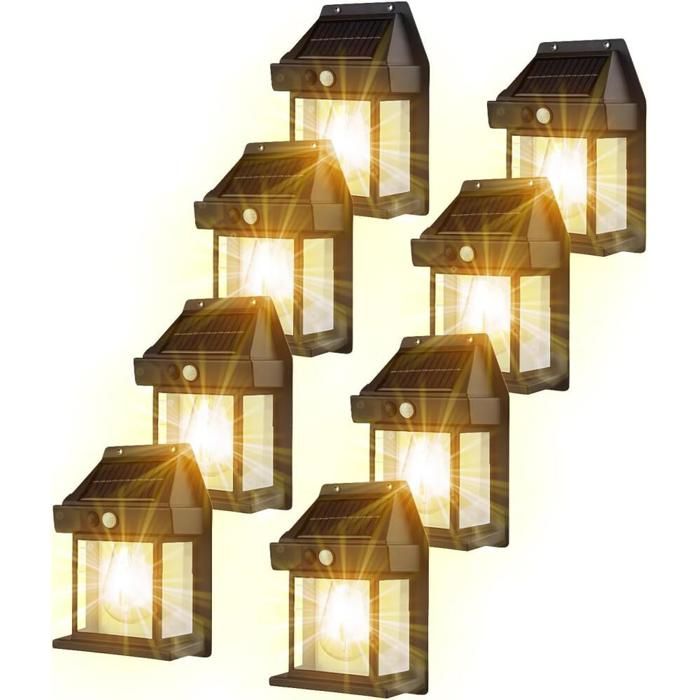 Pack 8 lanternes solaires extérieur – LED filament IP65 étanche – capteur mouvement – classe A
