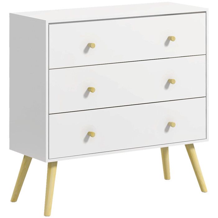 Commode 3 tiroirs style scandinave bois de pin et panneaux blancs 80 x 30 x 80 cm