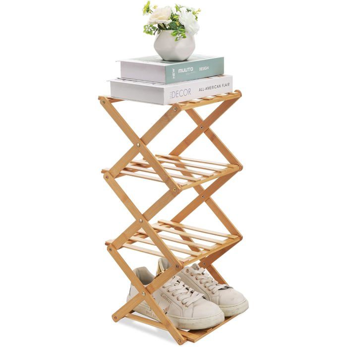 Étagère Chaussures Bambou Pliable 4 Niveaux Rangement Vertical Sans Installation Compacte Pour Petit Espace Couloir Et Chambre