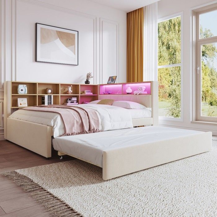 Lit rembourré beige en flanelle - BLACKCOLOR - 140 x 200 cm - Lit escamotable 90 x 190 cm - Charge max 300 kg Lit rembourré beige en flanelle - BLACKCOLOR - 140 x 200 cm - Lit escamotable 90 x 190 cm - Charge max 300 kg