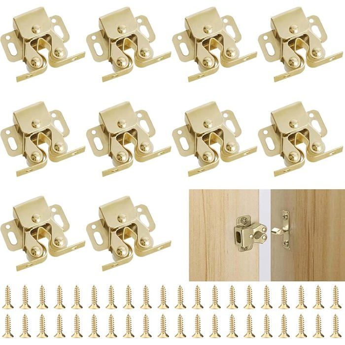 10 Pièces Loqueteau Porte Pcard Fermeture Porte Meuble Loqueteaux à Double Roulettes avec 40 vis Loquets pour Doré