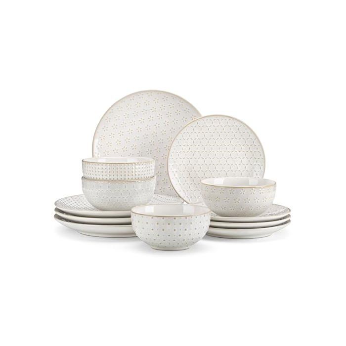 Services de Vaisselle en Grès pour 4 Personnes 12 Pièces Blanche Assiettes Service de Table contient Assiettes