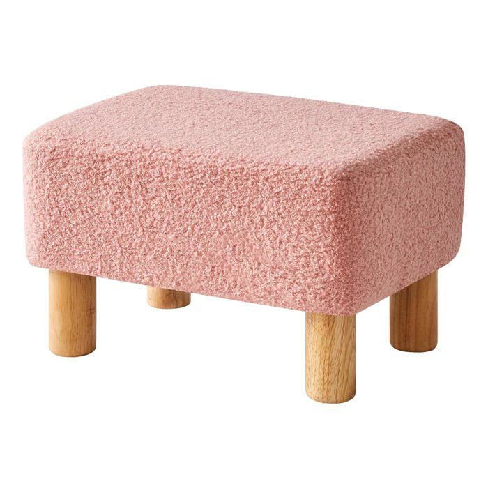 Pouf ottoman rectangulaire en tissu teddy rose 42 × 29 × 24 cm tabouret bas repose-pieds avec pieds en bois pour salon