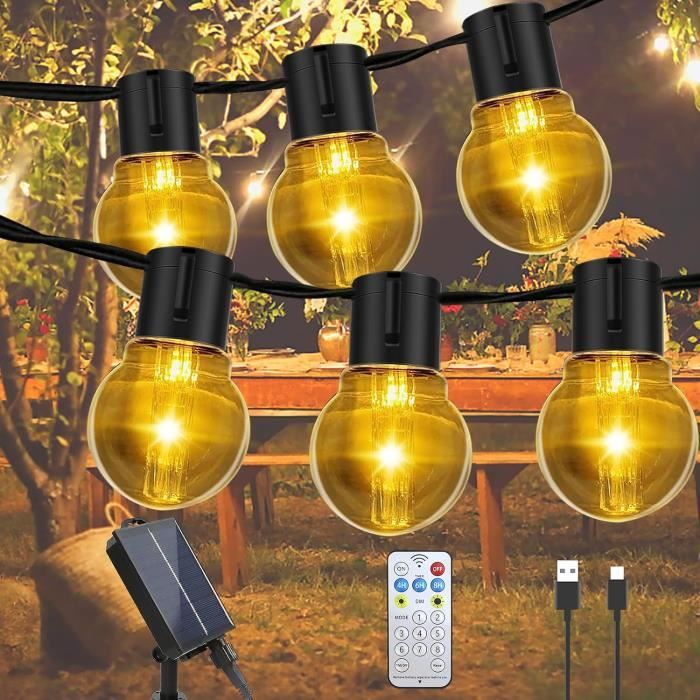 Guirlande lumineuse solaire d'extérieur, 8 mètres, 30 ampoules LED