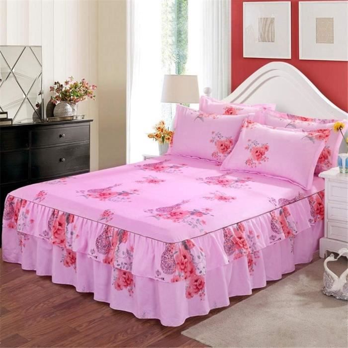 Jupe De Lit à Volants En Microfibre - Taille 200x220 Cm - Profondeur 40 Cm - Imprimé Floral 3D - Bleu Rose