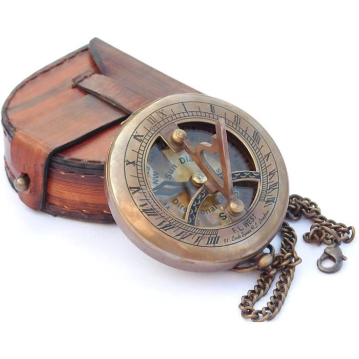 TUBAZ Boussole Cadran Solaire Laiton + Étui Cuir - Accessoire Steampunk, Navigation Nautique, Cadeau Mariage Ou Aventure