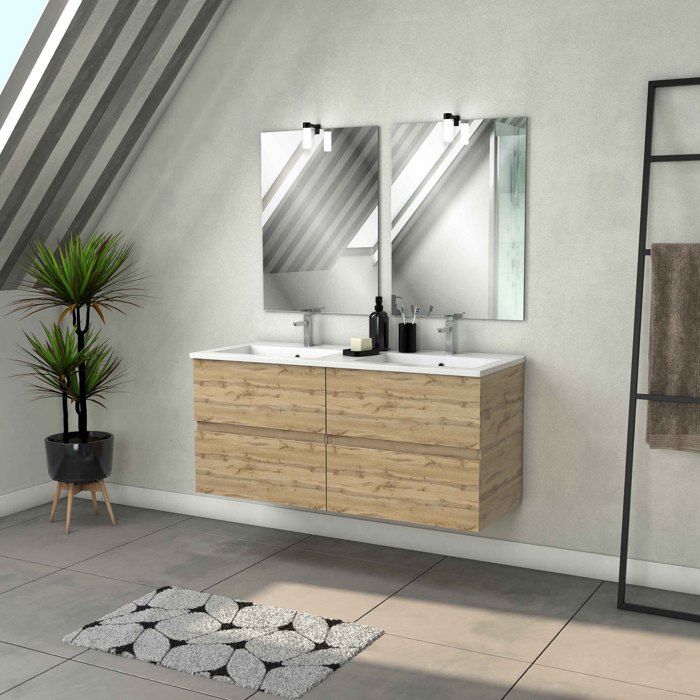 Meuble Salle de Bains 120cm 4 Tiroirs Chêne Naturel + Vasque Blanche + Miroirs avec appliques Led Meuble Salle de Bains 120cm 4 Tiroirs Chêne Naturel + Vasque Blanche + Miroirs avec appliques Led