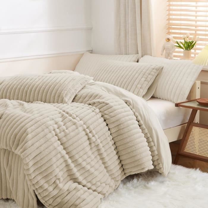 Housse De Couette Peluche 220x240cm Blanc Rayures - Parure Lit Hiver Douce 2 Personnes Avec Taies