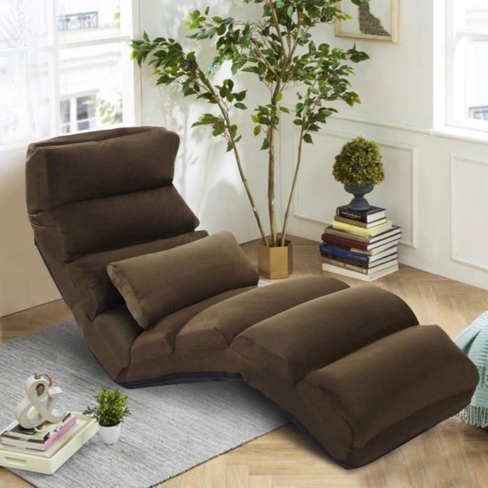 COSTWAY Fauteuil de Sol Relax Convertible à Lit Dossier Réglable 5 Positions en Faux Daim avec Oreiller pour Salon Bureau Marron