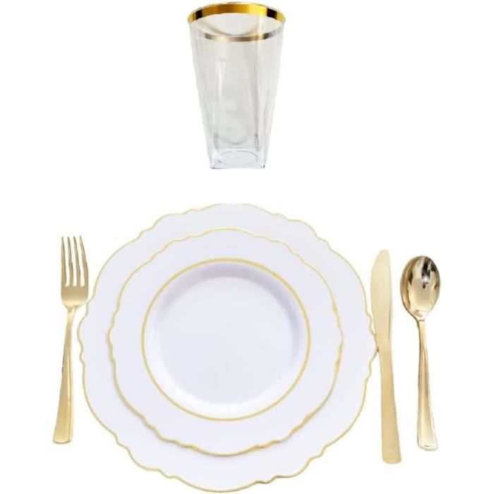 Kit 20 Assiettes Dîner & Entrée Dessert + 30 Couverts + 10 verres Dorés/Vaisselles Réutilisables PVC Mariage Soirée Noël pour 10