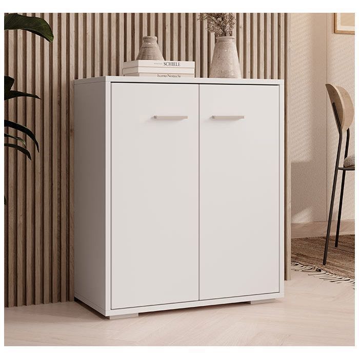 Buffet 2 portes Petit Meuble complément Finition Mat L 60 x P 30 x H 71 cm Couleur Blanc Modèle Lander Buffet 2 portes Petit Meuble complément Finition Mat L 60 x P 30 x H 71 cm Couleur Blanc Modèle Lander