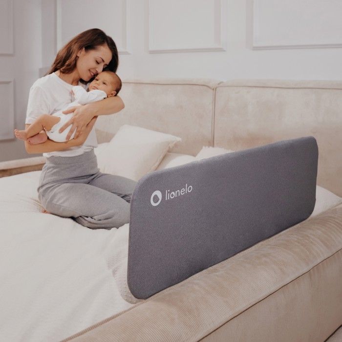 Barrière de lit bébé LIONELO Lora - 105 x 45 cm - Pliable - Cadre sûr et stable - Légère - Sac de transport - Gris