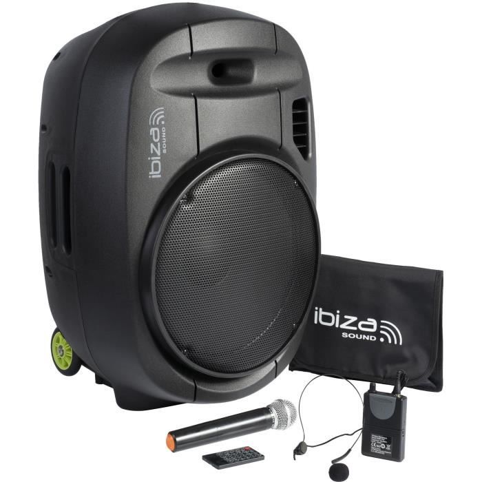IBIZA PORT15VHF-MKII - Système enceinte de sonorisation portable autonome 15”/38CM AVEC USB, Bluetooth et 2 micros VHF