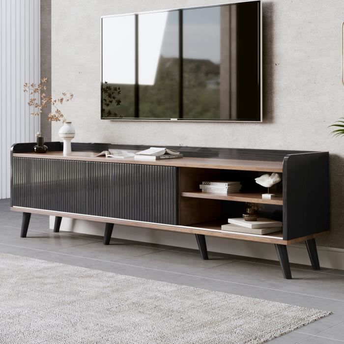 Meuble TV 160 cm avec deux tiroirs deux portes coulissantes pour salon texture exquise noir