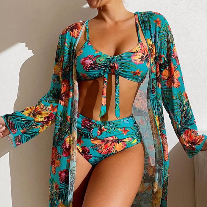 Femme Bikini 3 Pieces Maillots de Bain Imprime avec Bikini Shorty Veste Taille Haute Bikinis Sexy Bleu