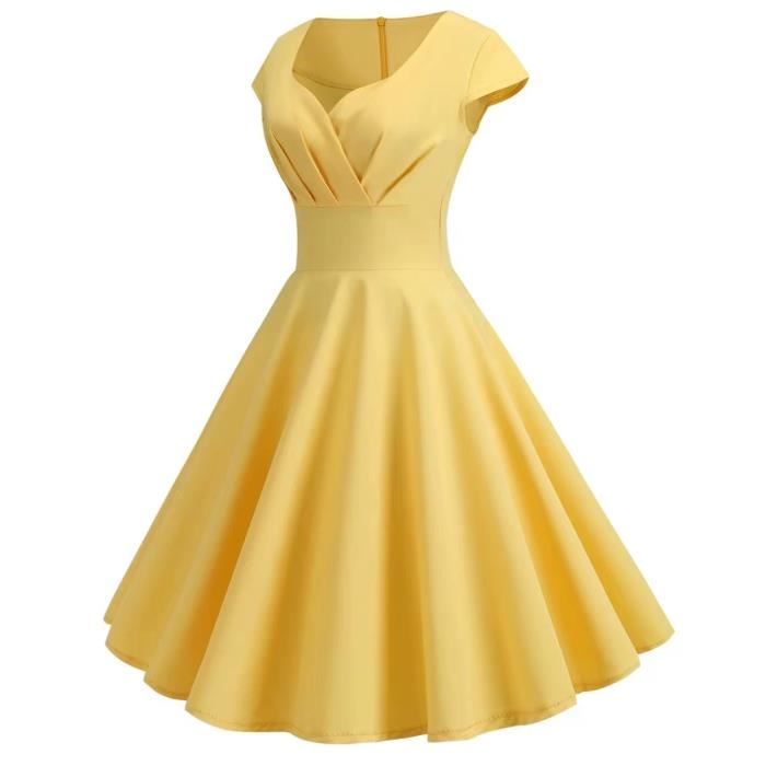 MUSEKEY Robe Femme Vintage Rockabilly Cocktail Annees 50 Retro Robe Plissee au Genou Manches Courtes col carre Jaune Robe de Soiree Cdiscount Pret a Porter