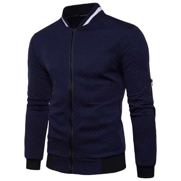 Veste Homme Manches Longues Pull Uni Zippé Bomber Blouson Sweat-Shirt Sport