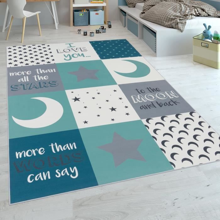 Tapis Chambre Enfant Garcons Lavable Cœurs Etoiles Lune Inscription Bleu Gris 180x280 Cm Cdiscount Maison