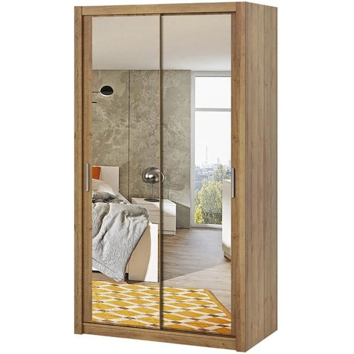 Armoire portes coulissantes RINKER 120 cm or chêne avec miroir