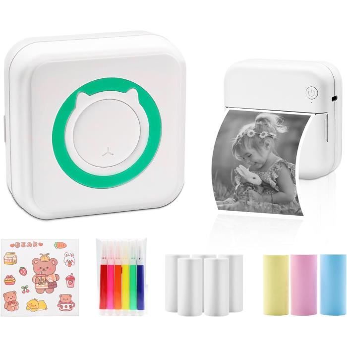JESWO Mini Imprimante Portable Thermique Bluetooth – Avec 4 Rouleaux Papier + 3 Rouleaux Étiquettes – Compatible IOS Android – Photos, Mémos, Stickers