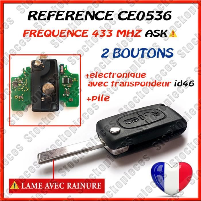 CLE VIERGE CE0536 ID46 COMPATIBLE PEUGEOT 207 JUSQU'A 2010 / 307 /308 308 SW JUSQU'A FIN 2009 / 2 BOUTONS LAME AVEC RAINURE / ASK