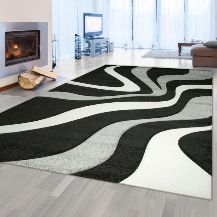 Tapis de salon design avec motif de vagues | entretien facile | noir gris blanc - 60x110 cm