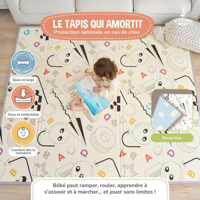 Tapis D’éveil Pliable 150x180 Cm – Double Face Lettres Animaux – Doux Et Antidérapant – Dès 0 Mois