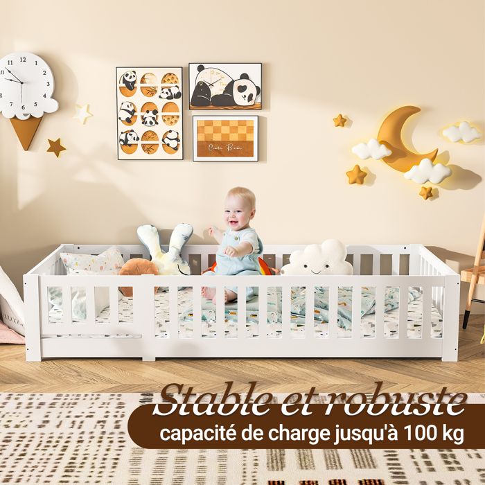 Lit 70x140 Lit Enfant KOBI LUK 180x80cm - Blanc, Tiroir, Barrière, Matelas Inclus Lit Avec Barrière