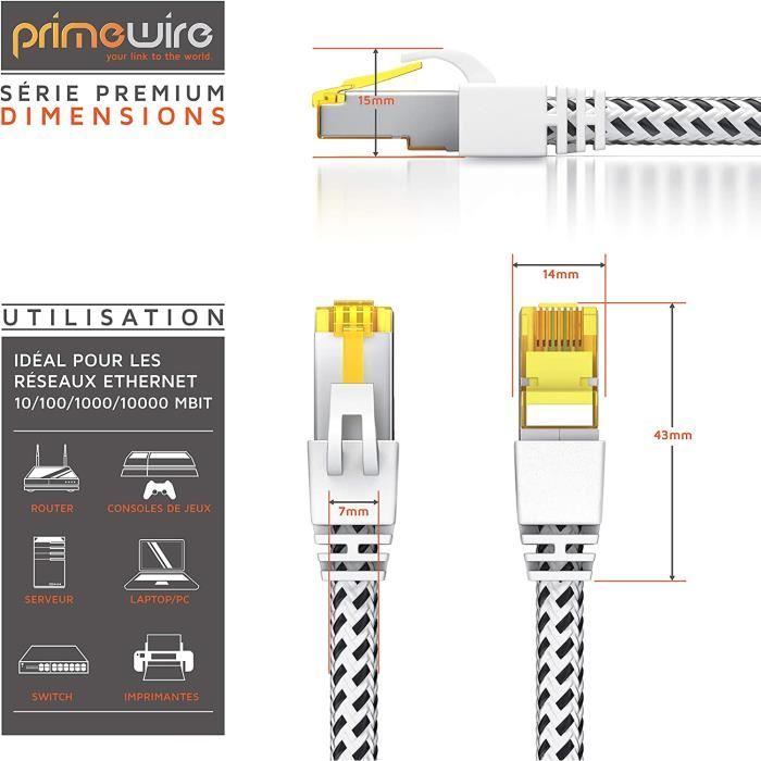 Primewire - 2m Câble réseau Cat 7 Ethernet Gigabit de 2 m - Câble Patch  10000 Mbits, Câble Gigabit local LAN 10 Gbps - Blindage S/FTP PIMF avec  fiches