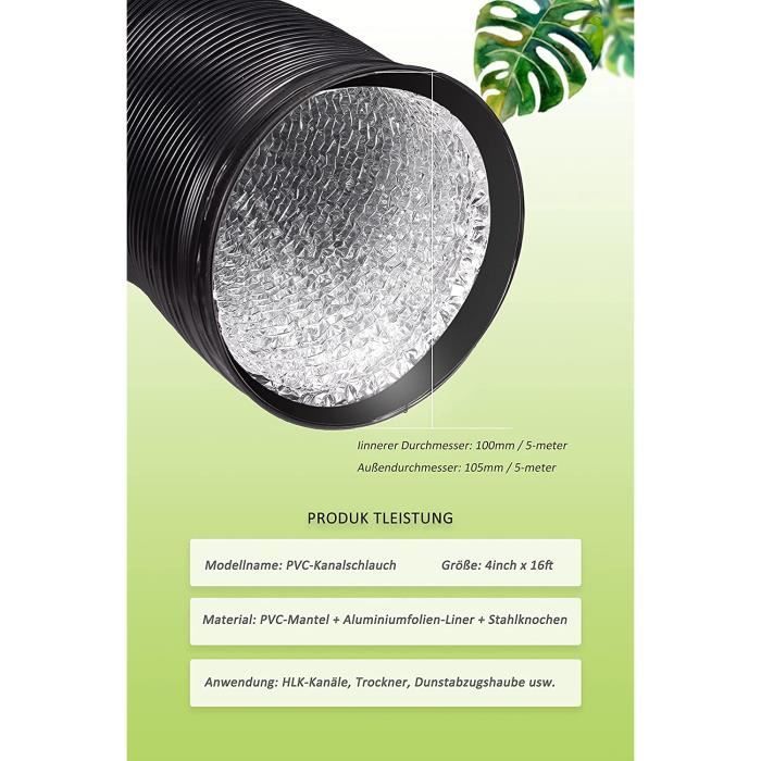 Flexible Hotte 100mm Tuyau Évacuation Air PVC Flexible 100 Mm - 6 M Pour Climatiseur Sèche-linge Spirale Acier Revêtu PVC