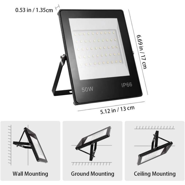 RIGIDON Projecteur Led Extérieur Avec Prise, 1x 75W 7500LM IP66 étanche Éclairage de Sécurité, Spot Led Lampe pour Patio Garage Terrasse Jardin Chantier Muraux Atelier, 6000K Blanc Froid Luminaires