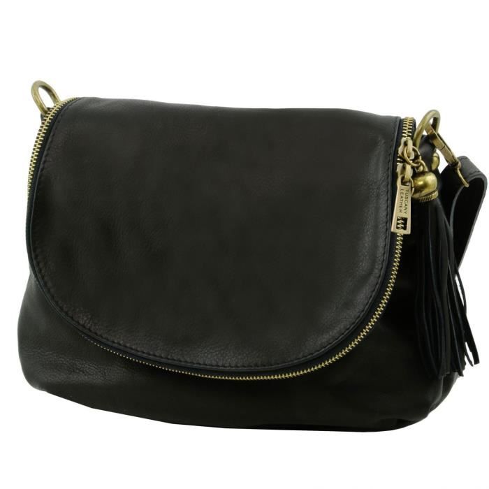 Tuscany Leather TL Bag Sac bandouliere besace en cuir souple avec pompon Noir TL141223 Cdiscount Bagagerie Maroquinerie