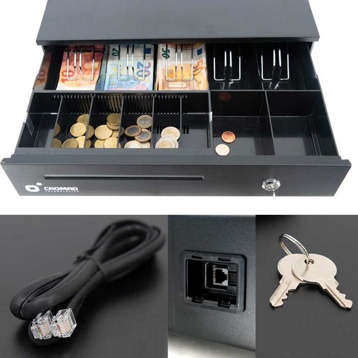Tiroir-Caisse à Rabat POSSAFE - 6 Compartiments Billets, 8 Pièces, Plateau Amovible - Compatible RJ11/RJ12, 12V/24V - Pour Magasins, Restaurants