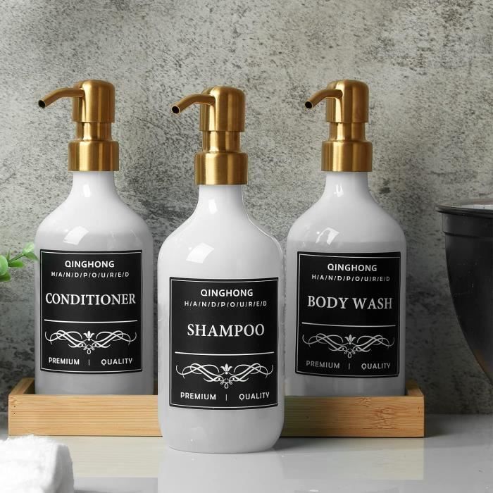 Lot De 3 Distributeurs Rechargeables 500 Ml - Pour Shampoing, Gel Douche, Lessive - Pompe Noire - Avec étiquettes