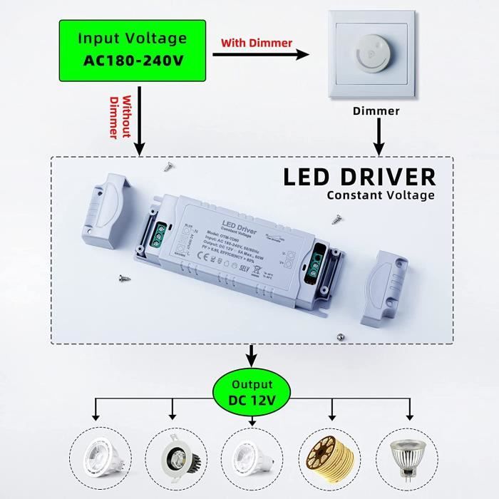 Transformateur LED Entrée 220-240V Sortie DC 12V 5A 60W Ampoule LED Driver  Conve 313031392328 